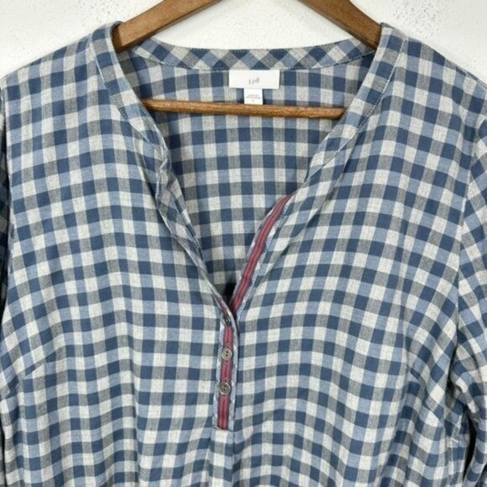 J. Jill Size Large Blue Grey Checkered V Neck Popover Blouse Cozy Casual Fall - Picture 3 of 10